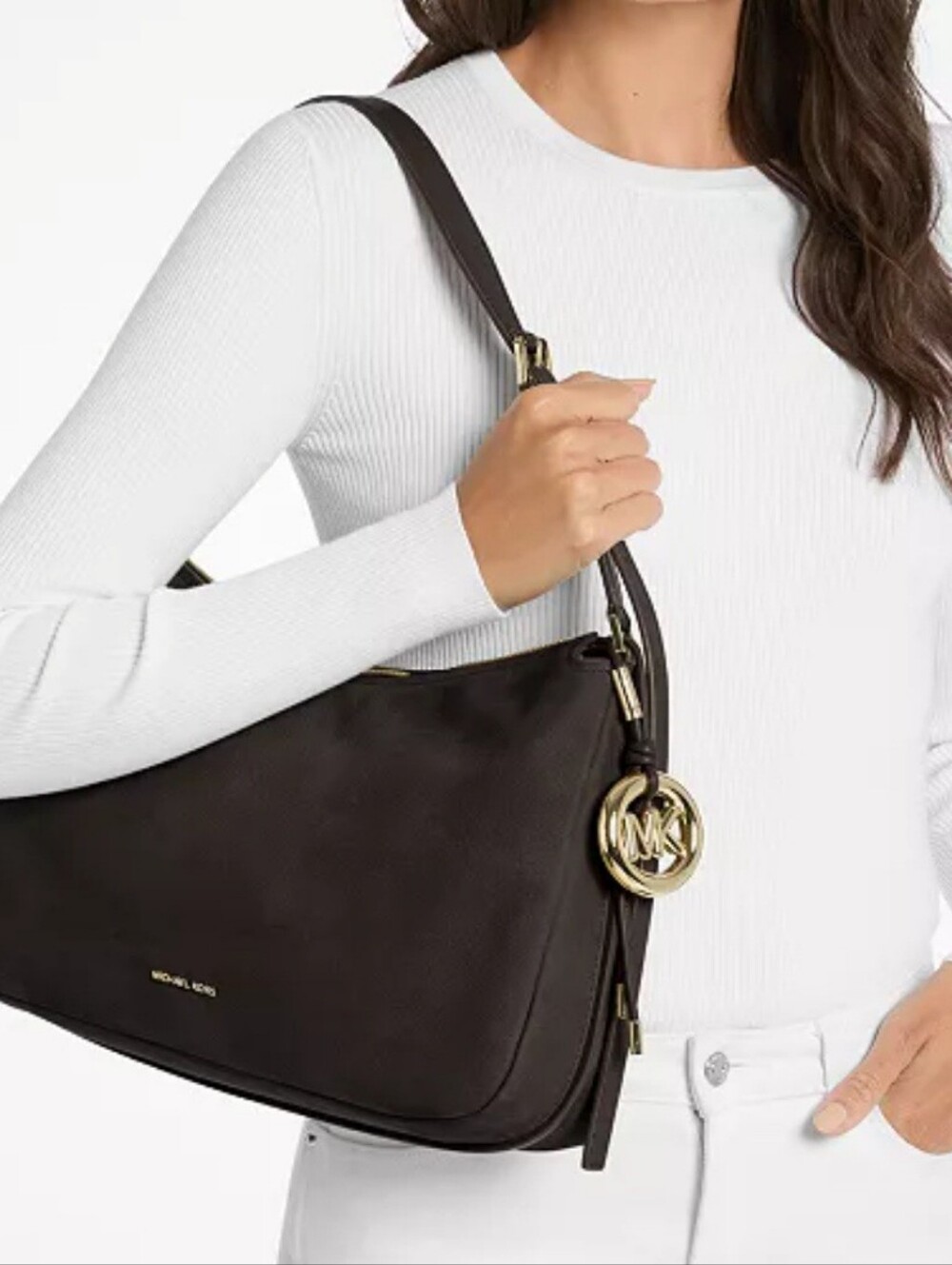 Michael Kors Nolita Black Suede Leather Hobo with Silver Tone Logo Charm NWT